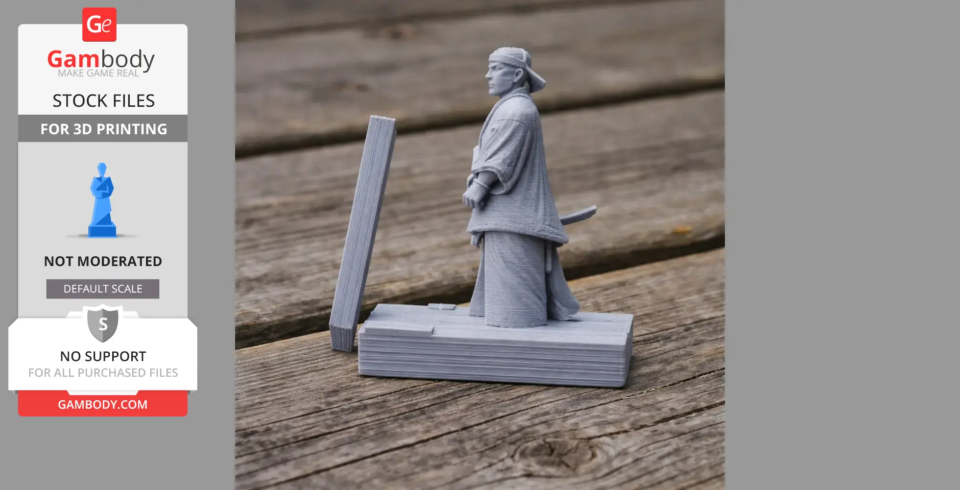 3D-printed model of a samurai warrior in traditional attire, standing on a rectangular base.