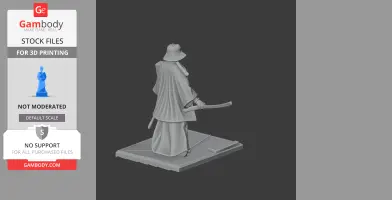A 3D model of a samurai in traditional attire, holding a sword, standing on a square base.