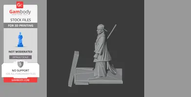 A samurai figure in traditional attire stands on a textured base, with a sword on his back.