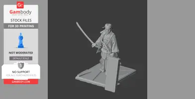 Samurai figure in traditional attire, holding a katana, standing on a platform.