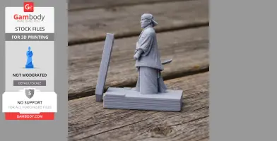 3D-printed model of a samurai warrior in traditional attire, standing on a rectangular base.