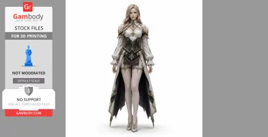 A detailed 3D model of a female character in ornate armor and flowing cape, ready for 3D printing.