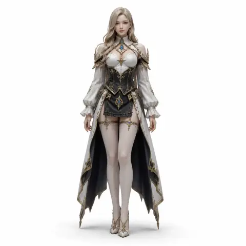 Female character in ornate fantasy attire and long coat, standing gracefully.