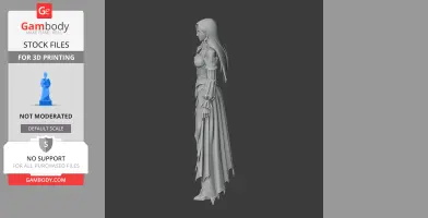 A detailed 3D model of a long-haired female character in elaborate armor and gown, viewed from the side.