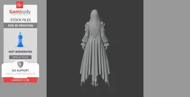 A 3D model of a robed figure with long hair, viewed from the back, intended for 3D printing.