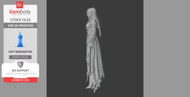 A detailed 3D model of a female character in a long, flowing dress with armor details, standing in profile.