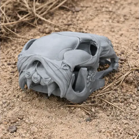 Euro Wallaroo skull replica in gray, detailed with fangs, resting on sandy terrain with dry grass.