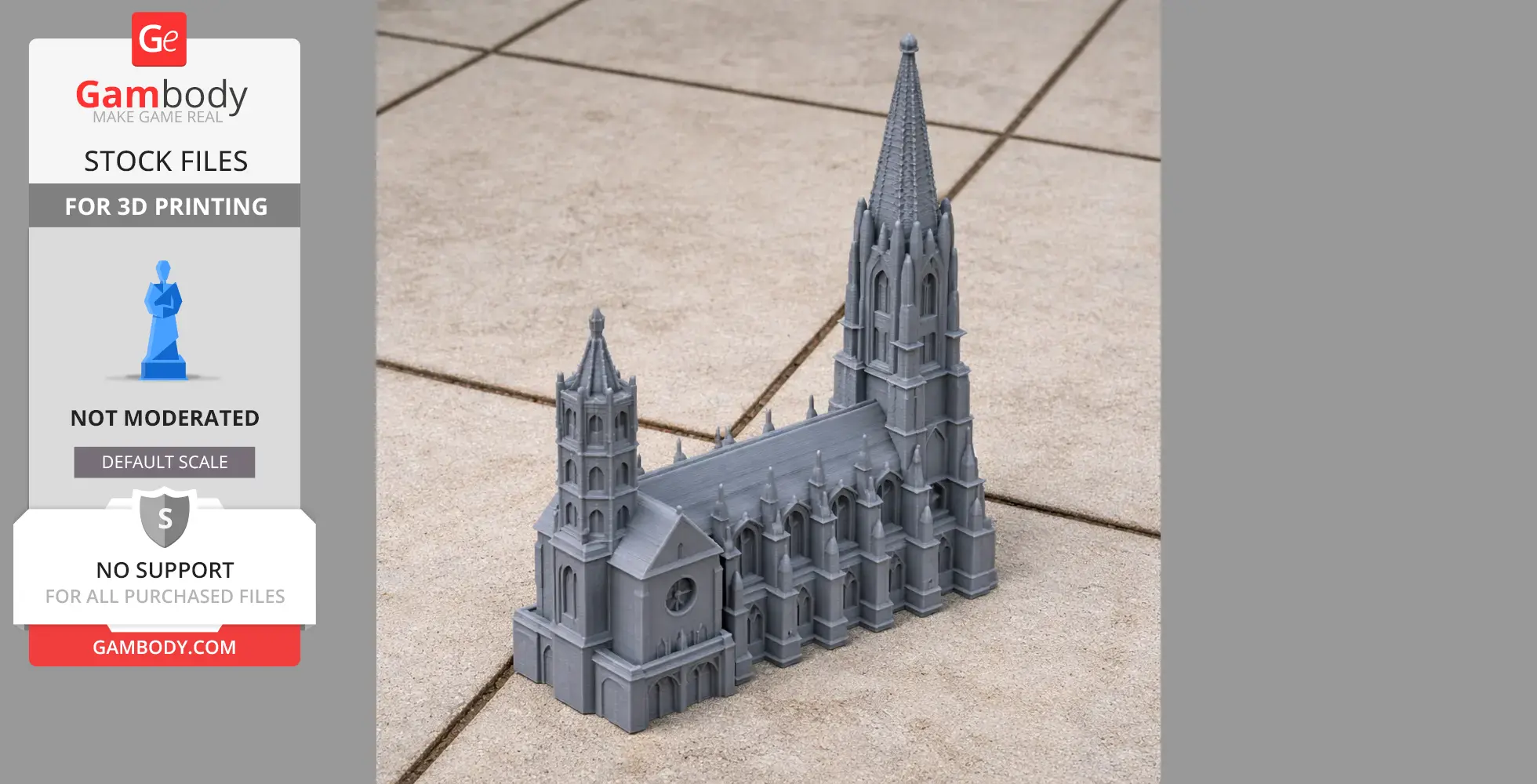 A 3D-printed model of Freiburg Minster with detailed Gothic architecture on a tiled surface.