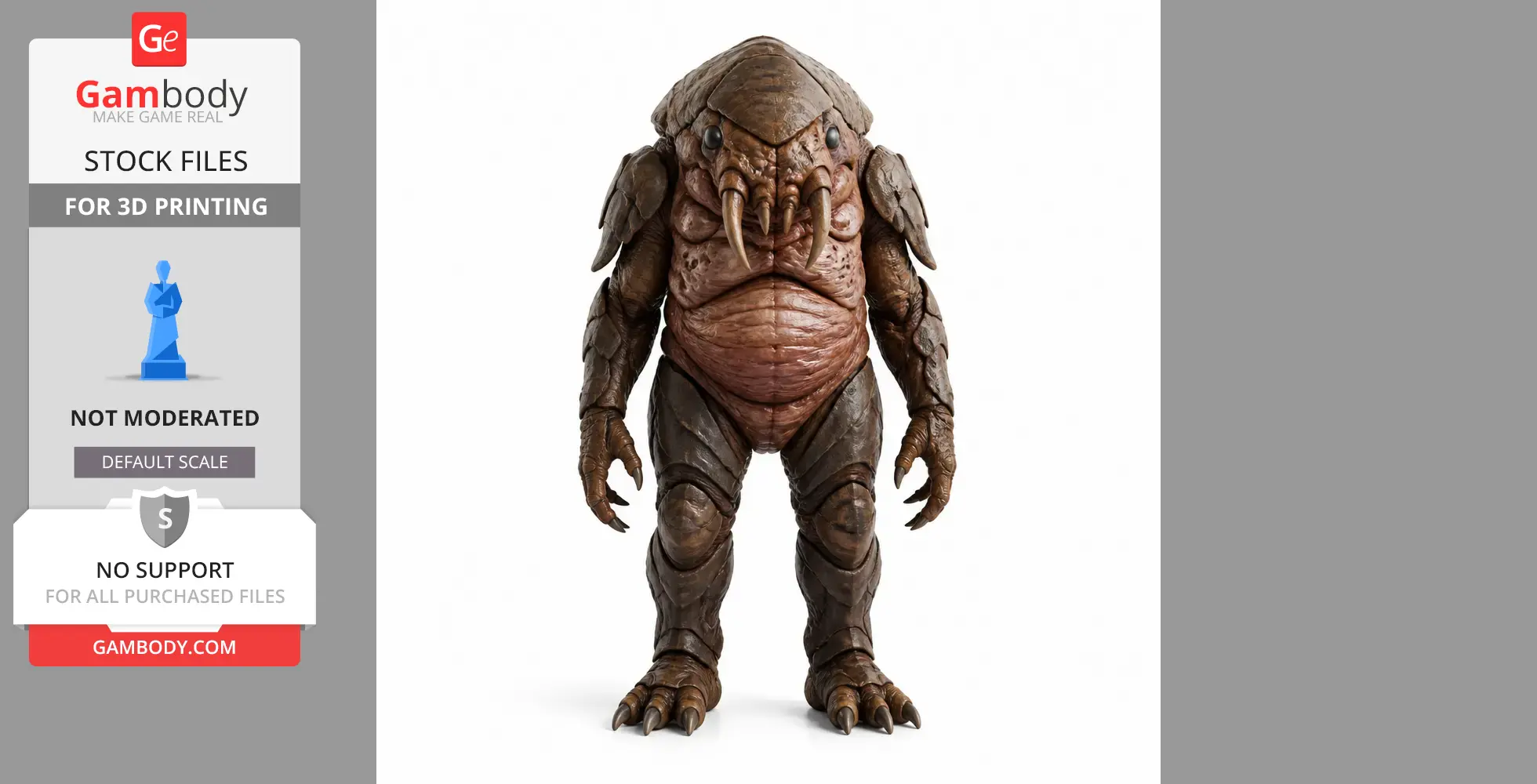 Alien-like creature with thick armor, tusks, and clawed hands from Factorio, designed for 3D printing.