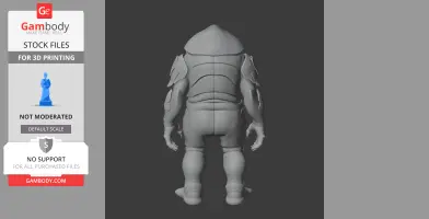 Rear view of a robust, armored humanoid creature with bulky limbs and segmented plating.