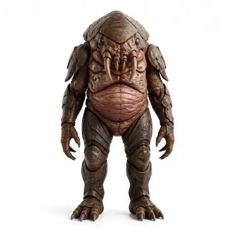 Creature with armored shell, tusks, and a robust build from Factorio, standing upright.