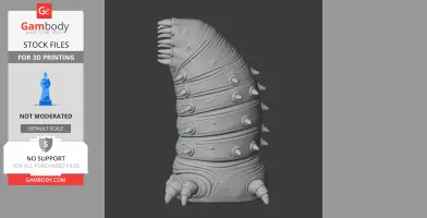 A segmented, spiky worm-like creature with protruding teeth, designed for 3D printing.