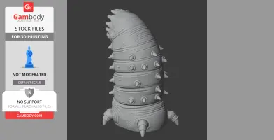 A textured, spiked worm-like 3D model with segmented body and protrusions for 3D printing.