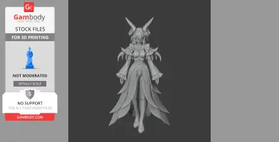 A 3D model of a character with long hair, horn-like features, and layered clothing, designed for 3D printing.