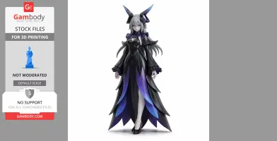 A fantasy character figurine with long hair and elaborate horn-like accessories, wearing a black and blue gown.
