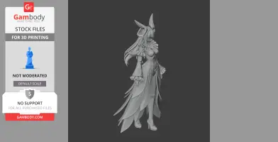 A detailed 3D figurine of a character with long hair, elaborate attire, and high-heeled boots.