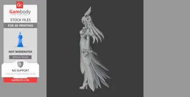 A detailed 3D model of a long-haired character in an elegant dress with a feathered design and headpiece.