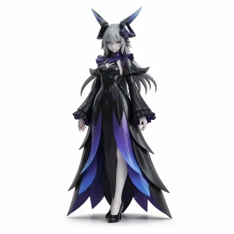 Fantasy female character in a black and purple gown with long hair and pointed headpiece.