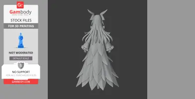3D model of a character with flowing hair and a layered, petal-like cloak, viewed from the back.