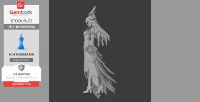 Elegant female character with long hair, intricate armor, and a flowing skirt, posed in profile.