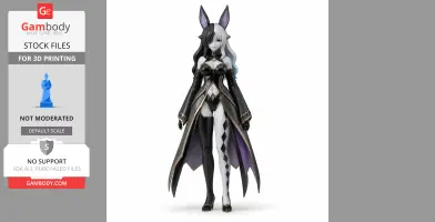 A fantasy character figurine with long cloak, harlequin leggings, and rabbit-like ears for 3D printing.