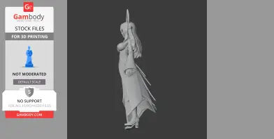 3D model of a fantasy character with long hair, flowing robe, and long ears, in a side profile view.
