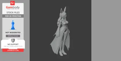 A 3D model of a female character with long hair and animal ears, wearing a flowing outfit and heels.