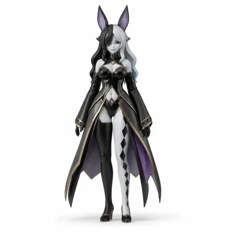 A fantasy character figurine with long hair and rabbit ears, wearing an elaborate outfit with a split black and white design.