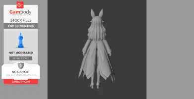 3D model of a character with long hair and pointed ears, wearing a flowing coat and high heels, viewed from the back.