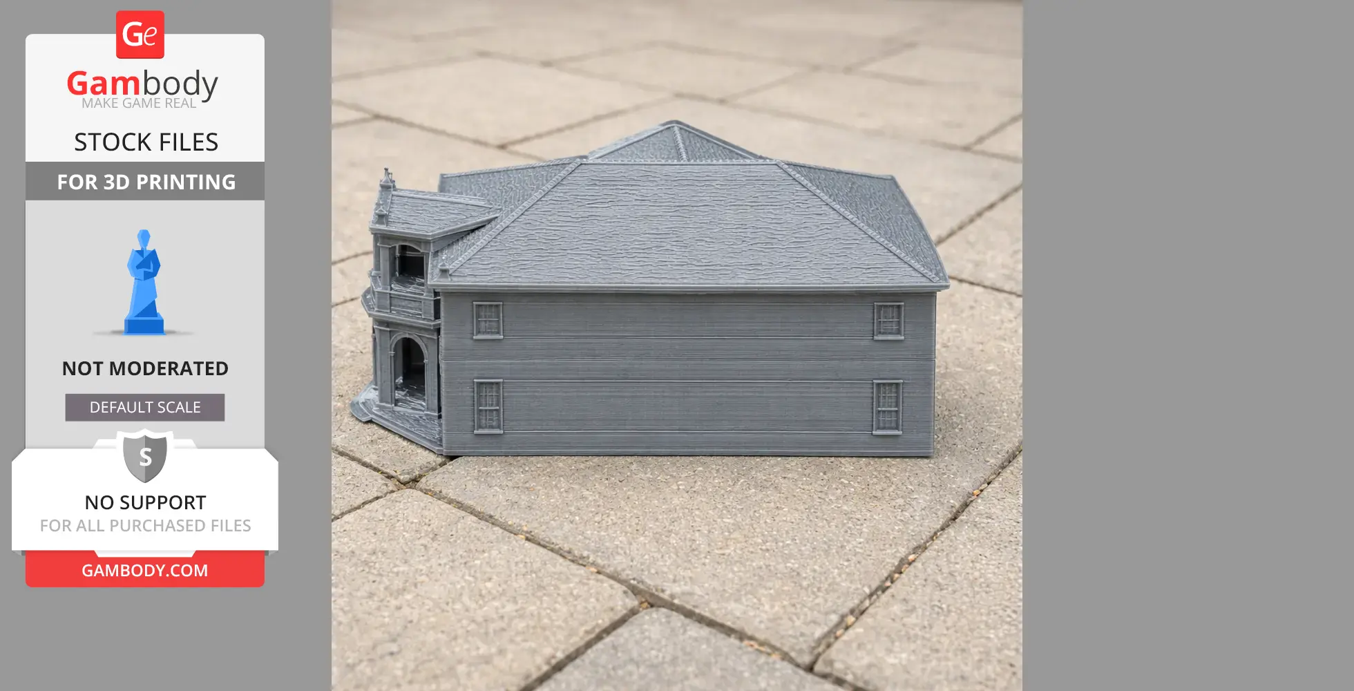 Gray 3D-printed model of a Georgian-style building with a pitched roof and detailed facade.
