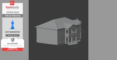 3D model of a Georgian architectural building with columns and gabled roof, displayed for 3D printing.