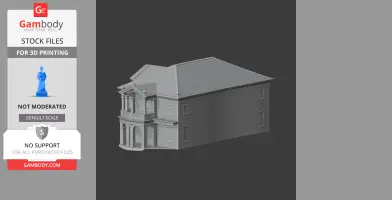 3D model of a Georgian-style house with ornate columns and a gabled roof.