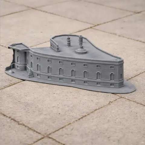 3D printed model of Gilling Castle with detailed walls, windows, and two chimneys on top.