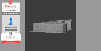 Gray 3D model of Gilling Castle architecture, featuring detailed windows and a curved facade.