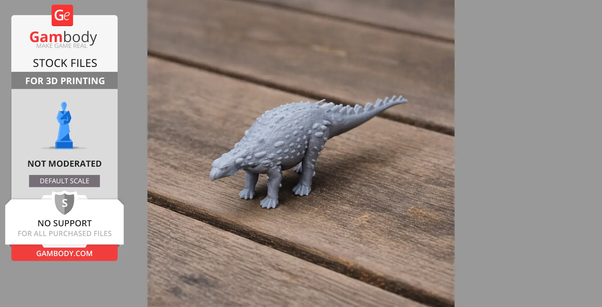 Gray 3D-printed Silvisaurus model with bumpy texture standing on wooden surface.