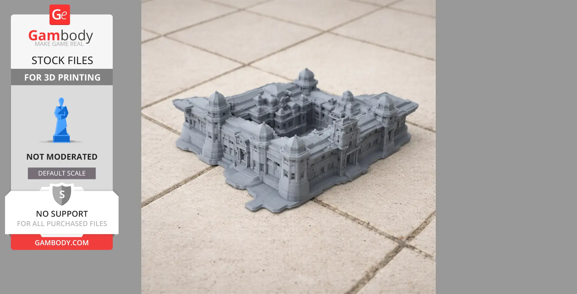 3D printed model of Bincknoll Castle with detailed architecture on a tiled surface.