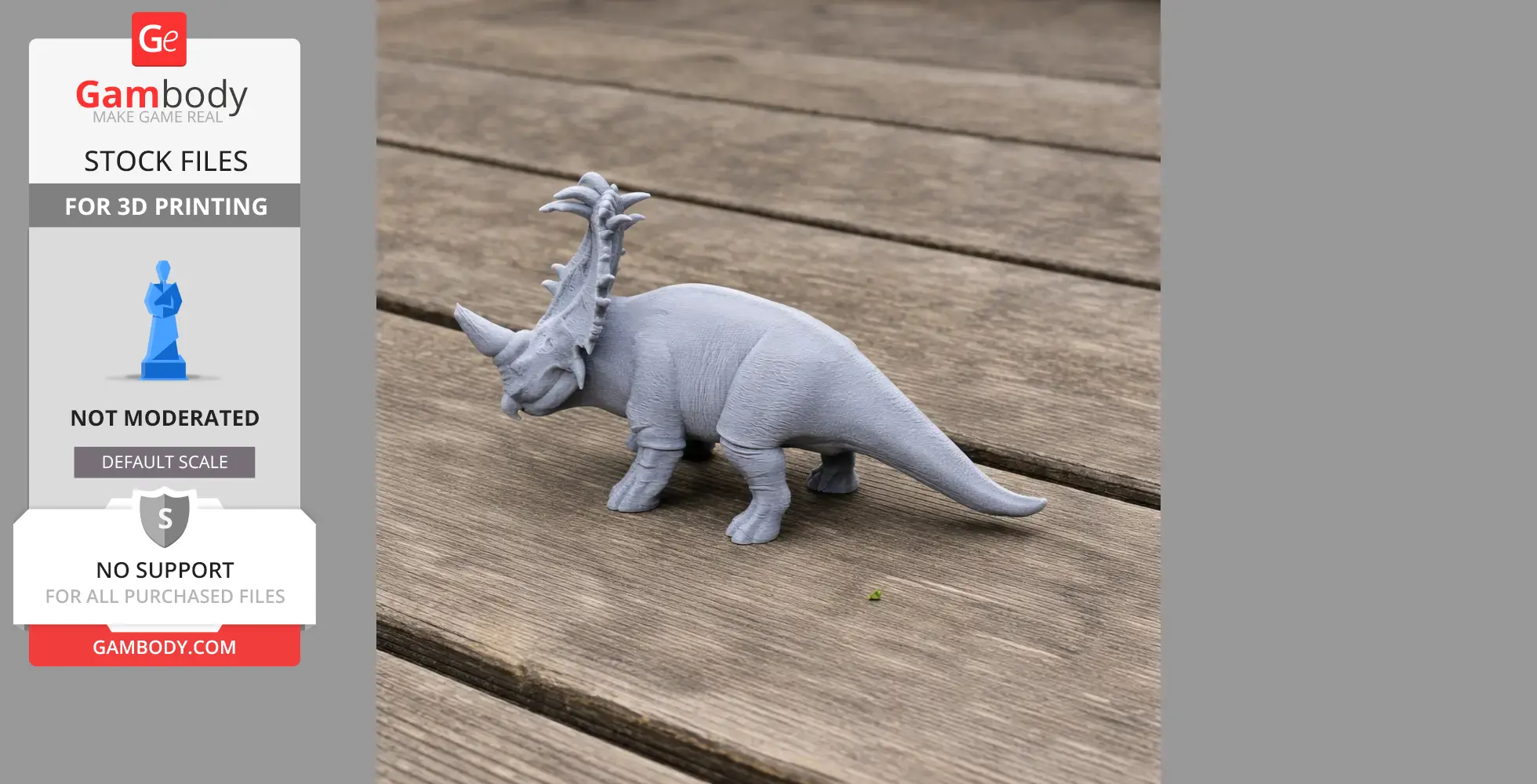 Gray 3D printed Sinoceratops model on wooden surface.