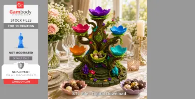 Colorful, whimsical tree-shaped jewelry holder with flowered branches on a decorated table setting.