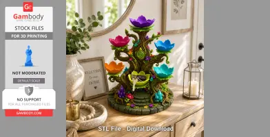 Colorful enchanted tree jewelry holder with flower-shaped trays on a tabletop.