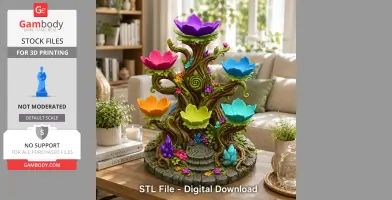 Enchanted tree-shaped jewelry holder with colorful flower trays and crystal base for 3D printing.