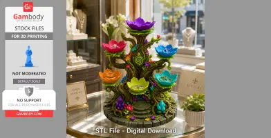 Colorful tree-shaped jewelry holder with floral bowls for rings.