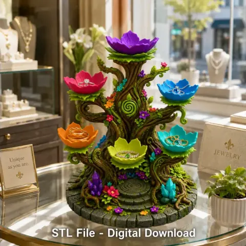 Colorful crystal tree jewelry holder STL file, features spiral branches and flower-shaped holders.