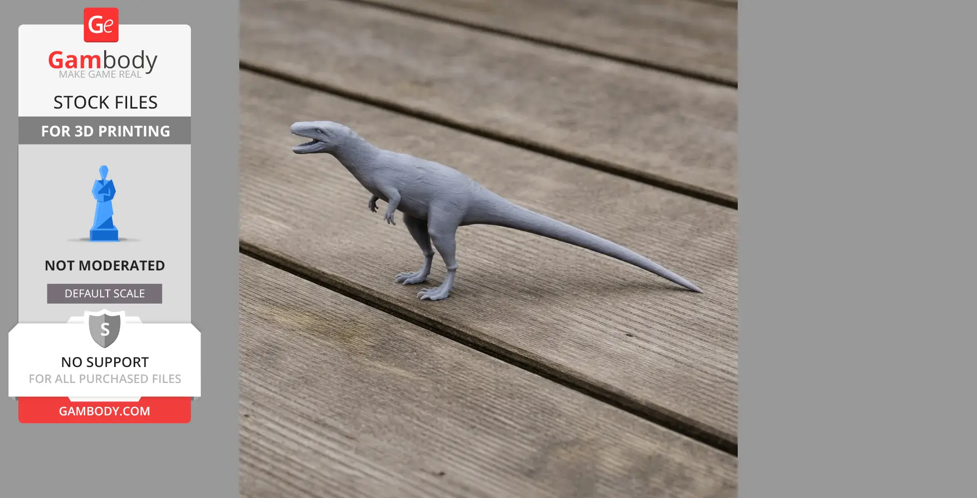 A 3D-printed model of a Sinosauropteryx, a small dinosaur, on a wooden surface.