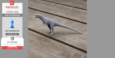 A 3D-printed model of a Sinosauropteryx, a small dinosaur, on a wooden surface.