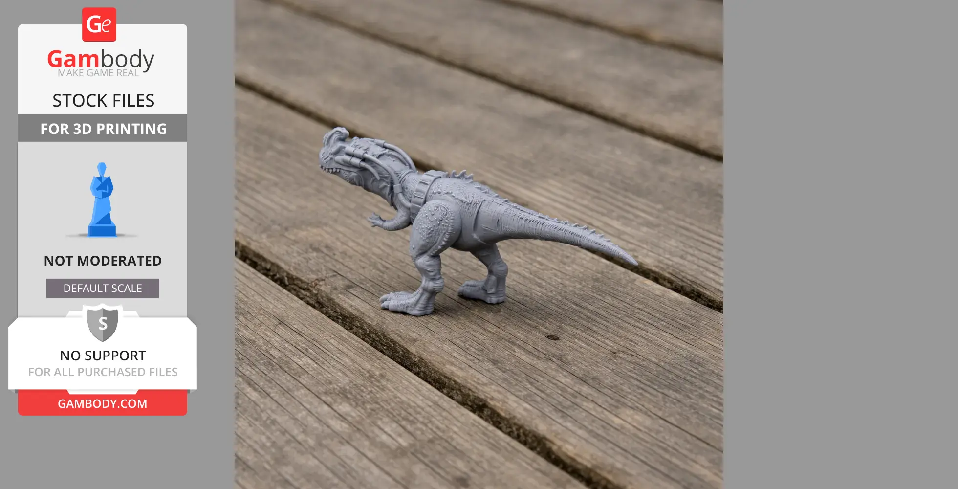 Gray 3D-printed Sinotyrannus model on a wooden surface. Appears detailed and slightly armored.