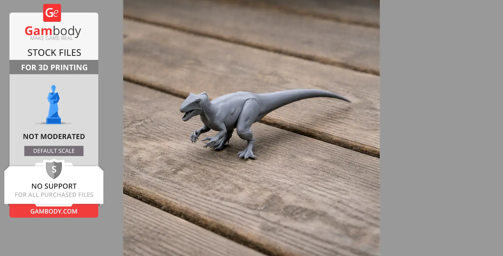 Gray 3D-printed Sinovenator model on a wooden surface, showcasing detailed prehistoric features.