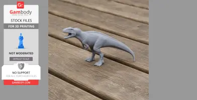 Gray 3D-printed Sinraptor dinosaur model displayed on a wooden surface.