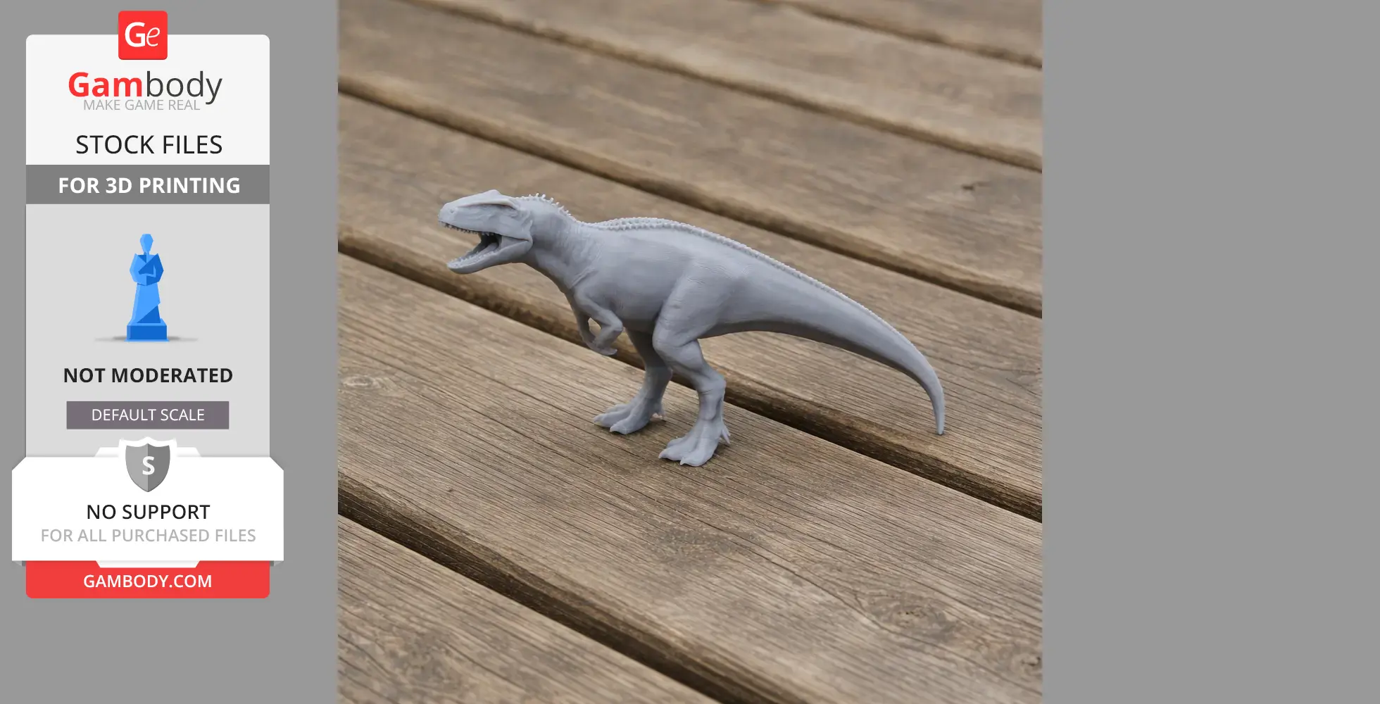 Gray 3D-printed Sinraptor dinosaur model displayed on a wooden surface.