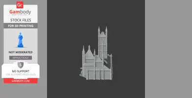 A detailed 3D model of a Gothic-style cathedral with tall spires and intricate design elements.