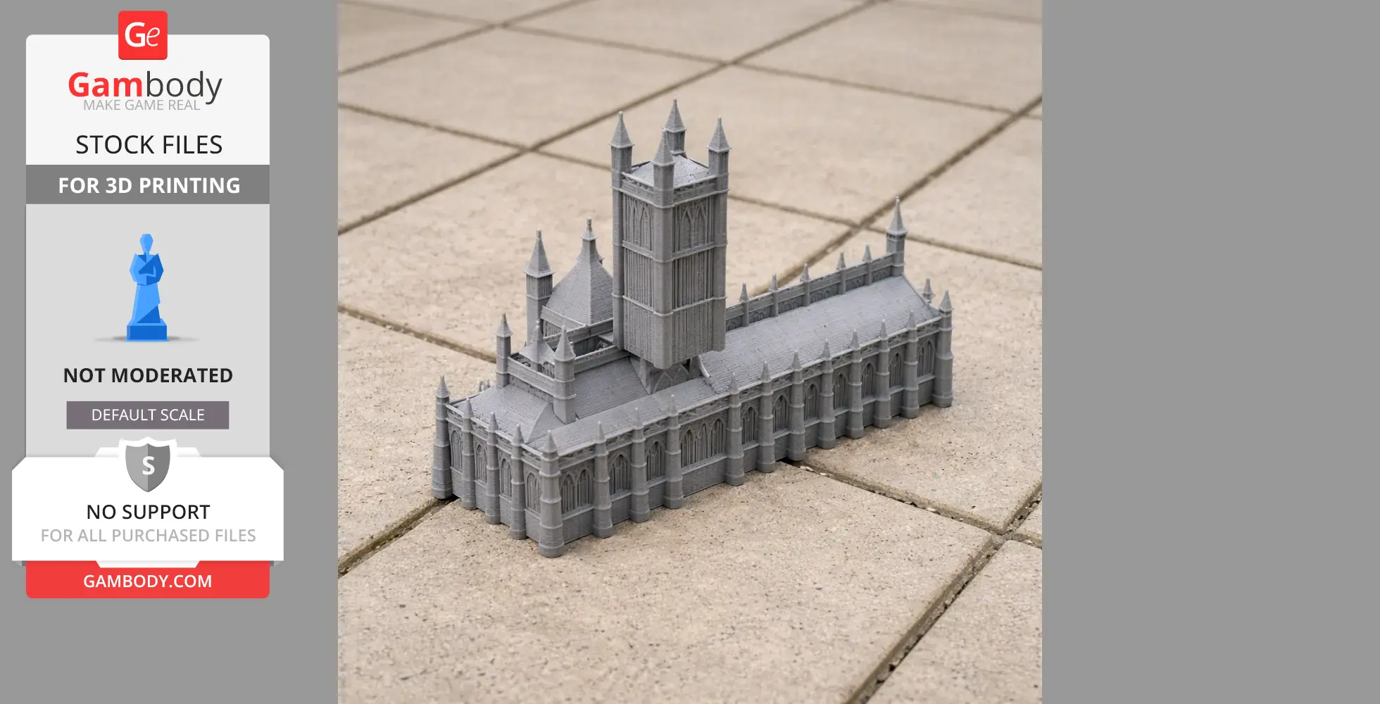 Gray 3D-printed model of Gloucester cathedral with detailed towers and arches on a tiled surface.
